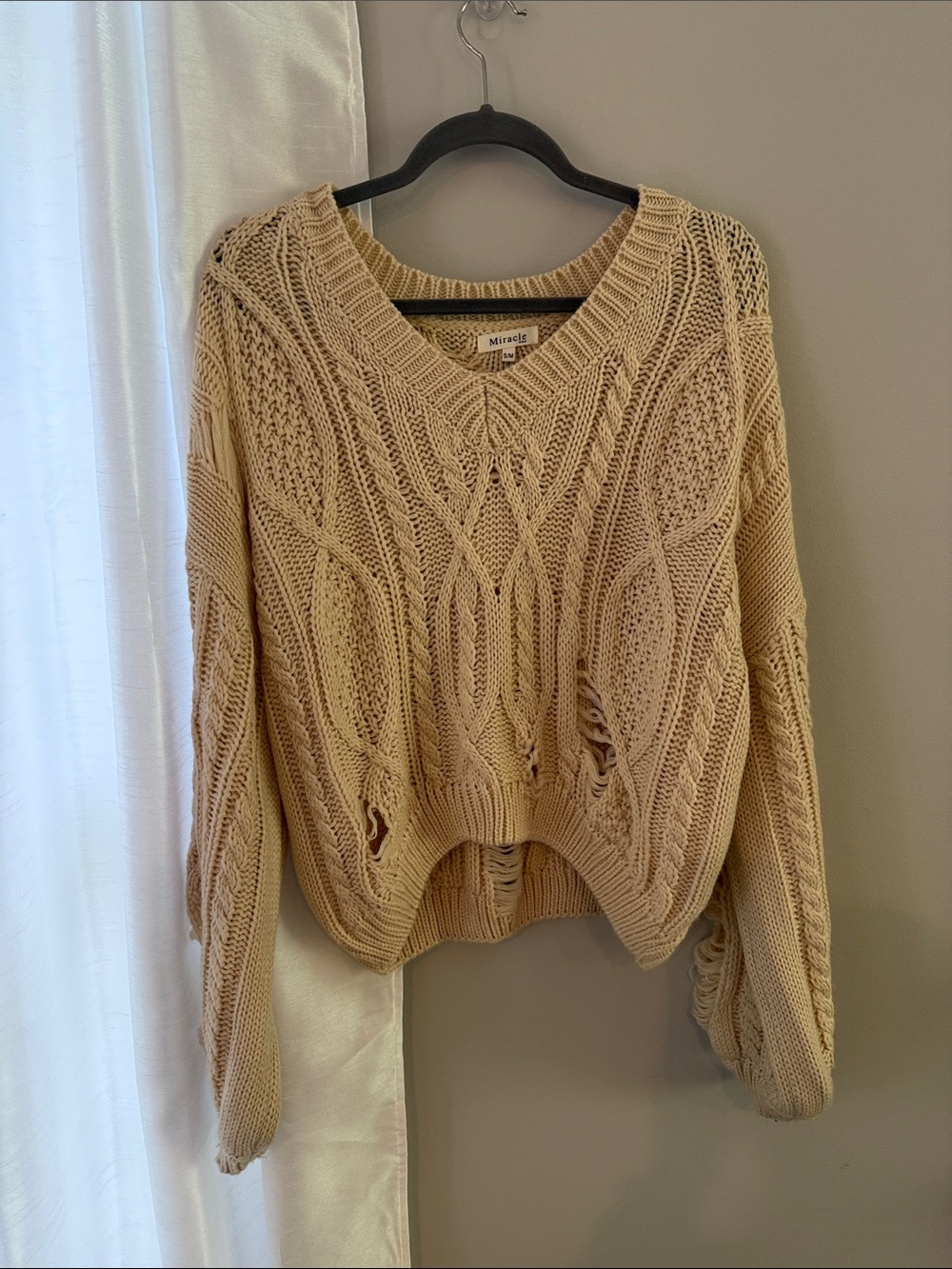 Miracle Cable-Knit V-Neck Sweater in Beige small medium oversized